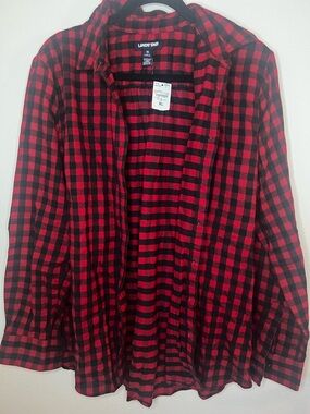 Lands’ End Buffalo Plaid Flannel Shirt Red Black Button Up Long Sleeve XL NWT